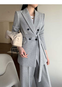 Women's Gray Wool Blend Belted Double Breasted Blazer Wide Leg Pants Suit