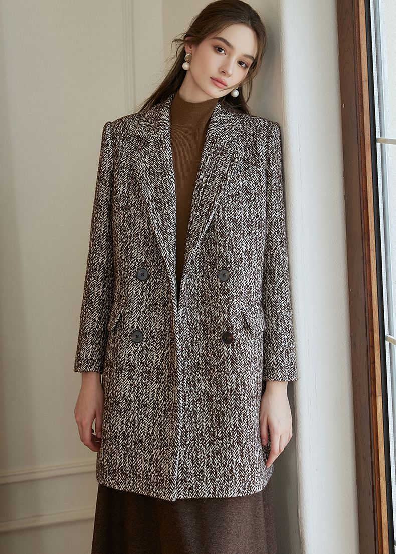 Women's Double Breasted Wool Blend Tweed Coat