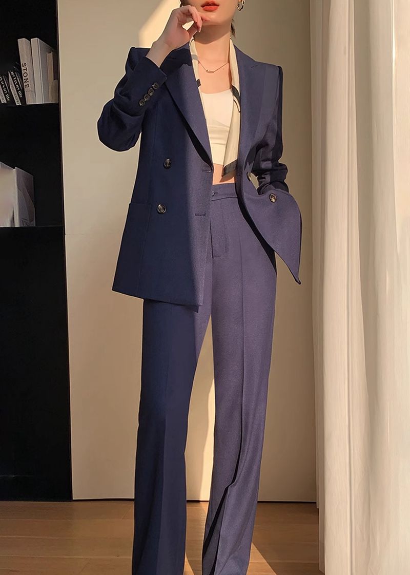 Handmade Double Breasted Blazer Wide Pants Suit Two-Piece Set