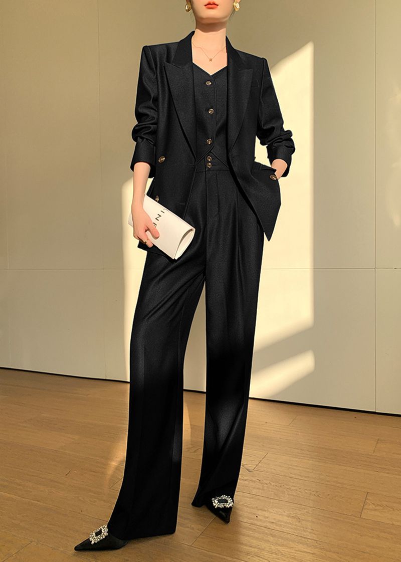 Handmade | Black Double Breasted Blazer Vest Wide Pants Suit