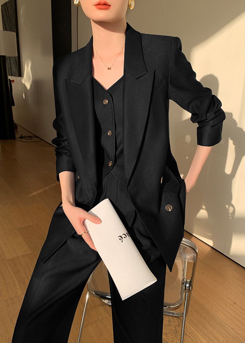 Handmade | Black Double Breasted Blazer Vest Wide Pants Suit Black / XS Handmade | Black Double Breasted Blazer Vest Wide Pants Suit Black / XS