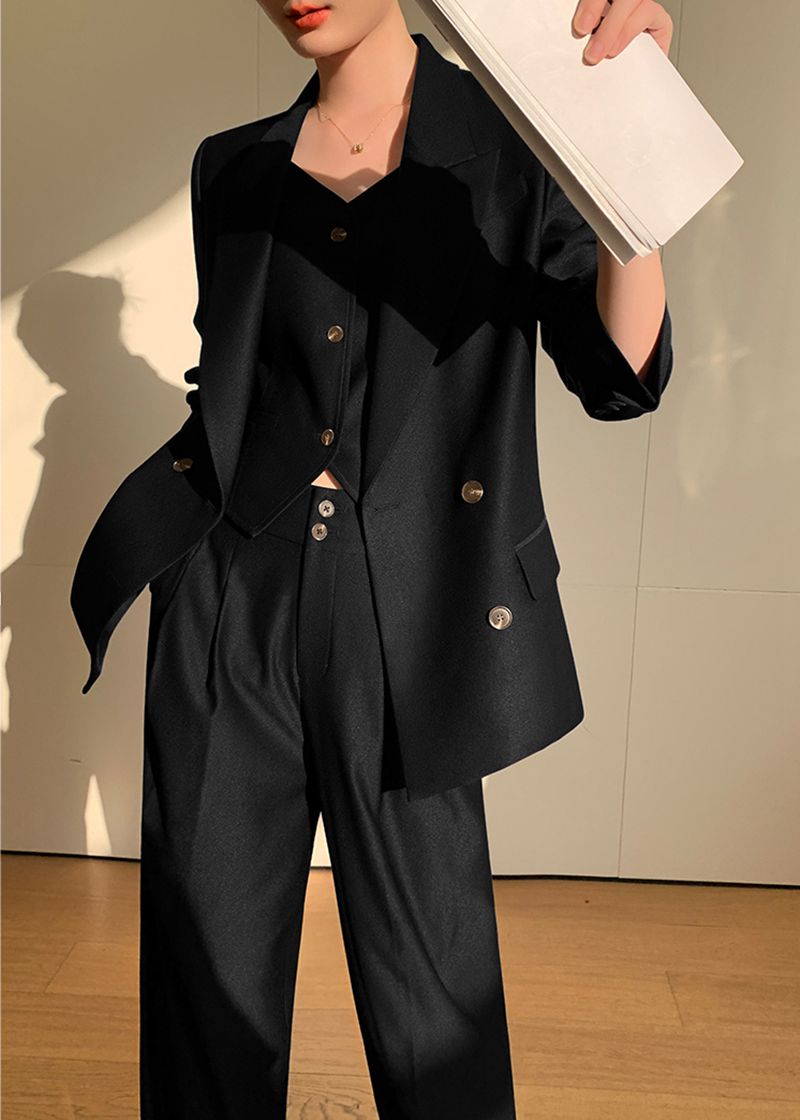 Handmade | Black Double Breasted Blazer Vest Wide Pants Suit
