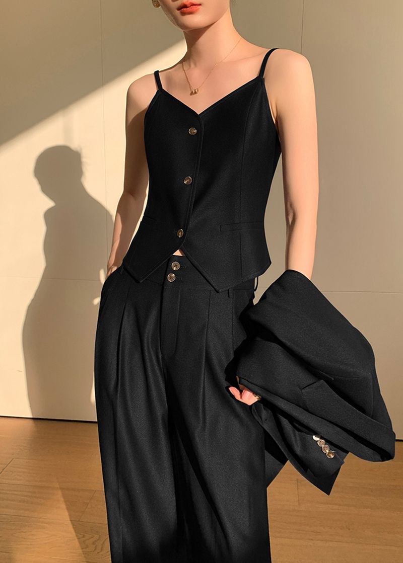 Handmade | Black Double Breasted Blazer Vest Wide Pants Suit Black / XS Handmade | Black Double Breasted Blazer Vest Wide Pants Suit Black / XS