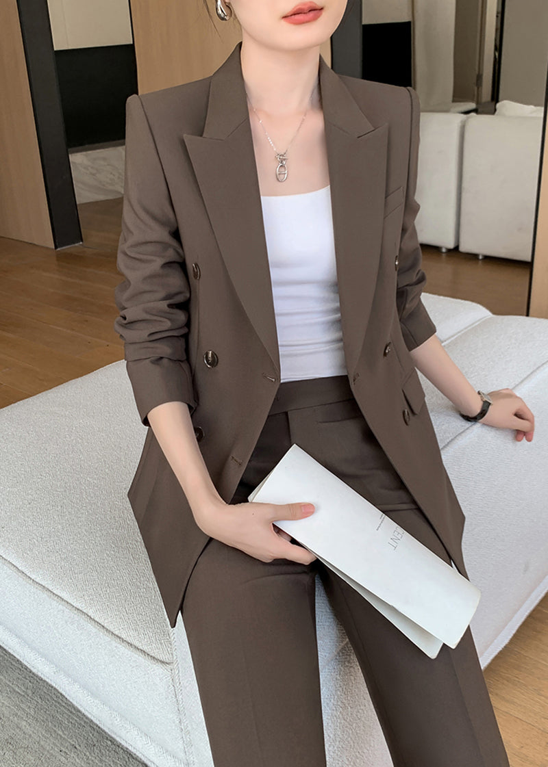 Handmade | Brown Double Breasted Blazer Wide Pants Suit Two-Piece