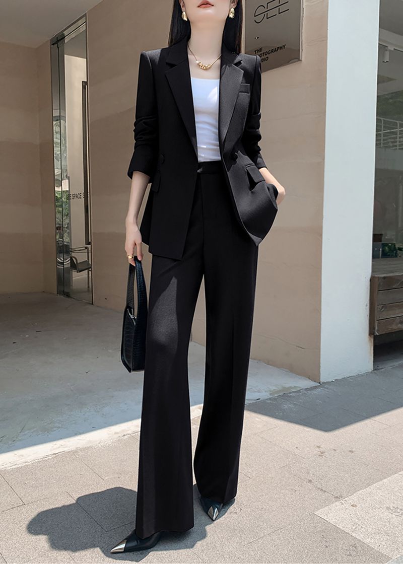 Handmade | Black Double Breasted Blazer Wide Pants Suit Two-Piece