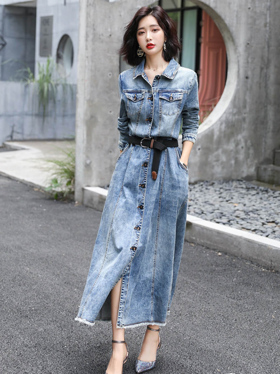Denim Maxi Dress With Long Sleeves | Nife | SilkFred US