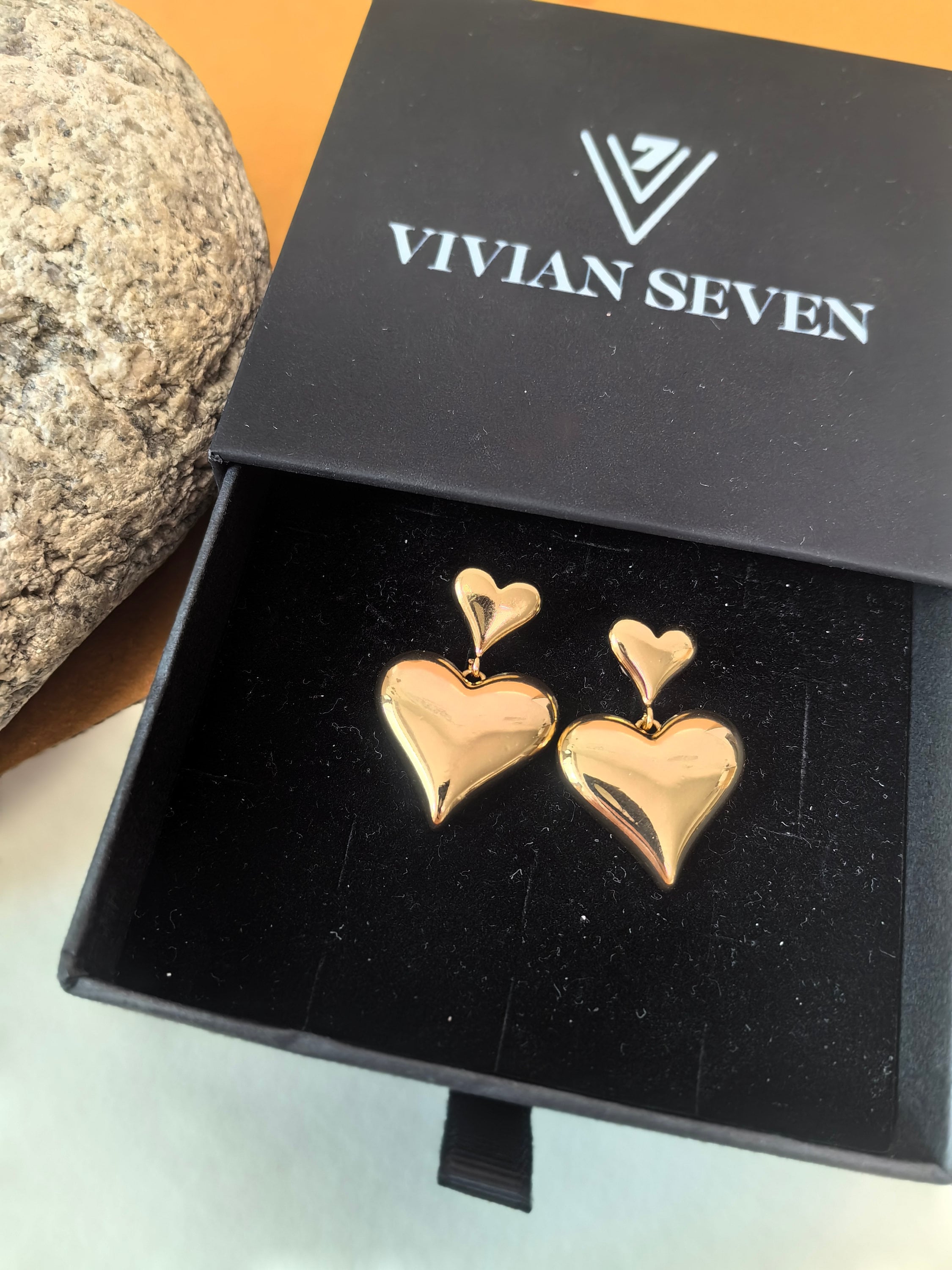 18K Gold Plate Double Heart Drop Earrings – Vivian Seven
