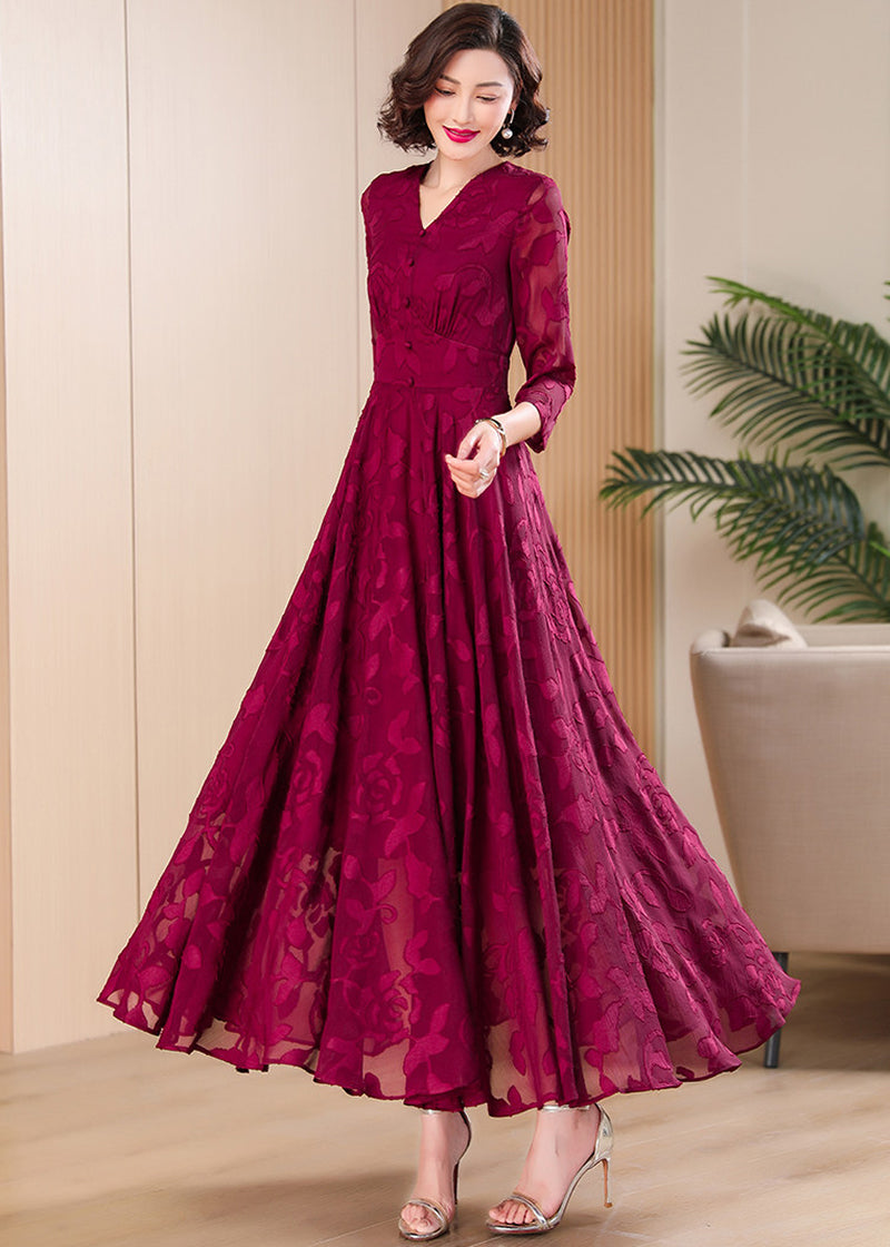 Burgundy Chiffon Floral Jacquard V-Neck Maxi Dress Claret / S