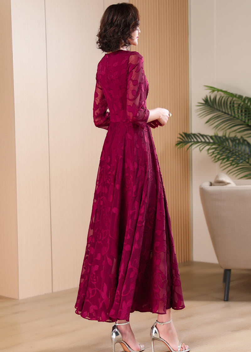 Side view of Vivian Seven wine red floral burnout maxi dress with 3/4 sleeves.