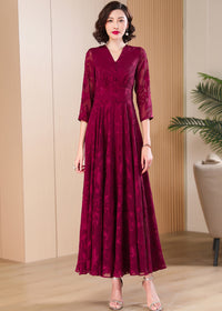 Front view of Vivian Seven wine red V-neck floral burnout maxi dress for spring and autumn.