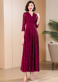 Modest and stylish dark red maxi dress for women, featuring a vintage-inspired button bodice.