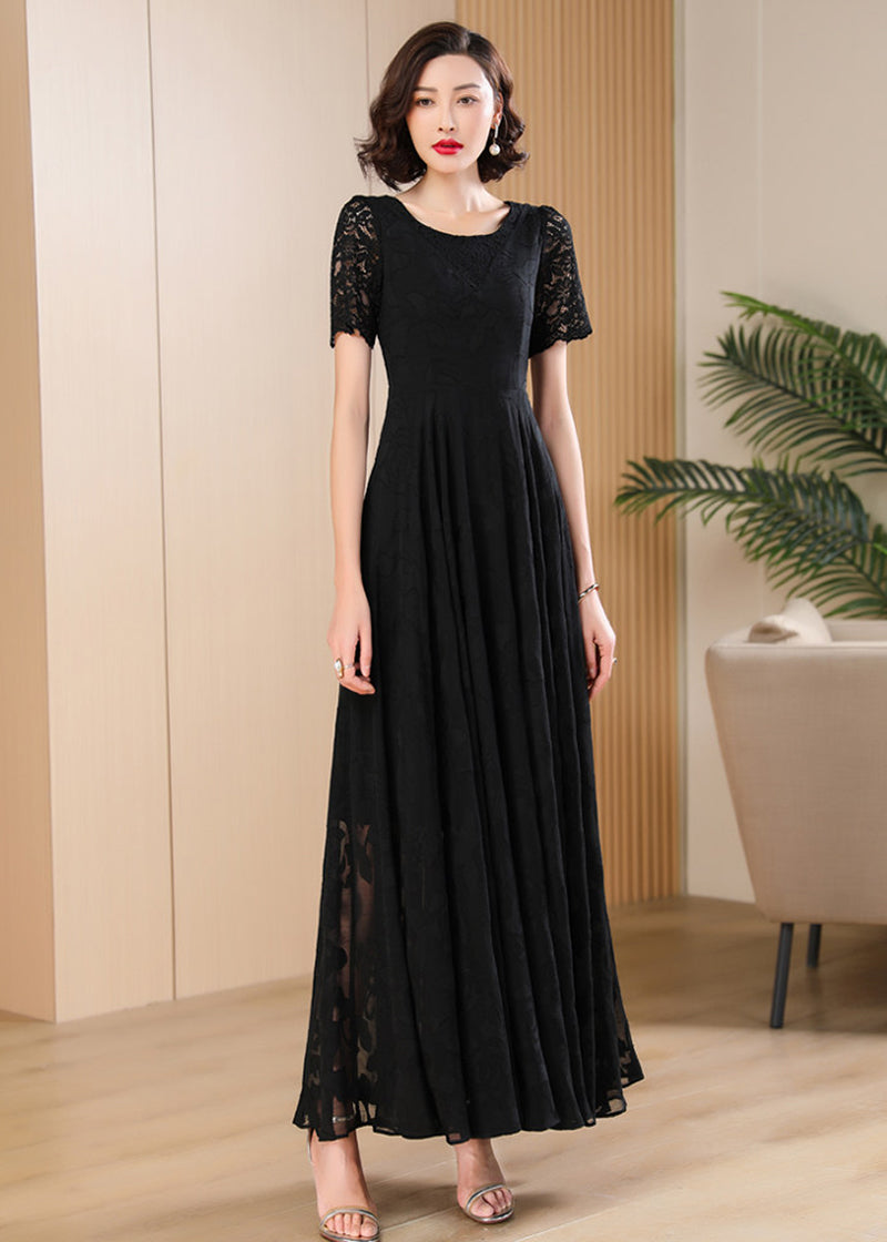Elegant Black Chiffon Lace Maxi Dress Black / S