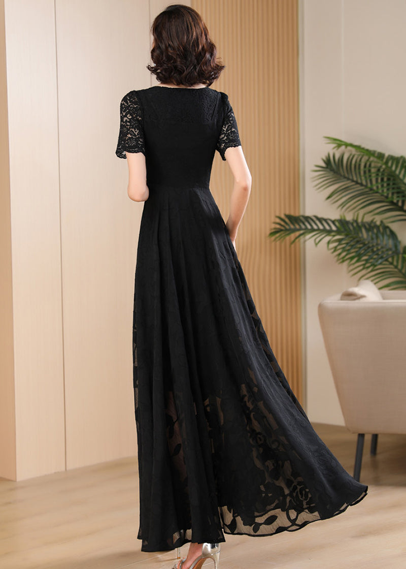 Elegant Black Chiffon Lace Maxi Dress Black / S
