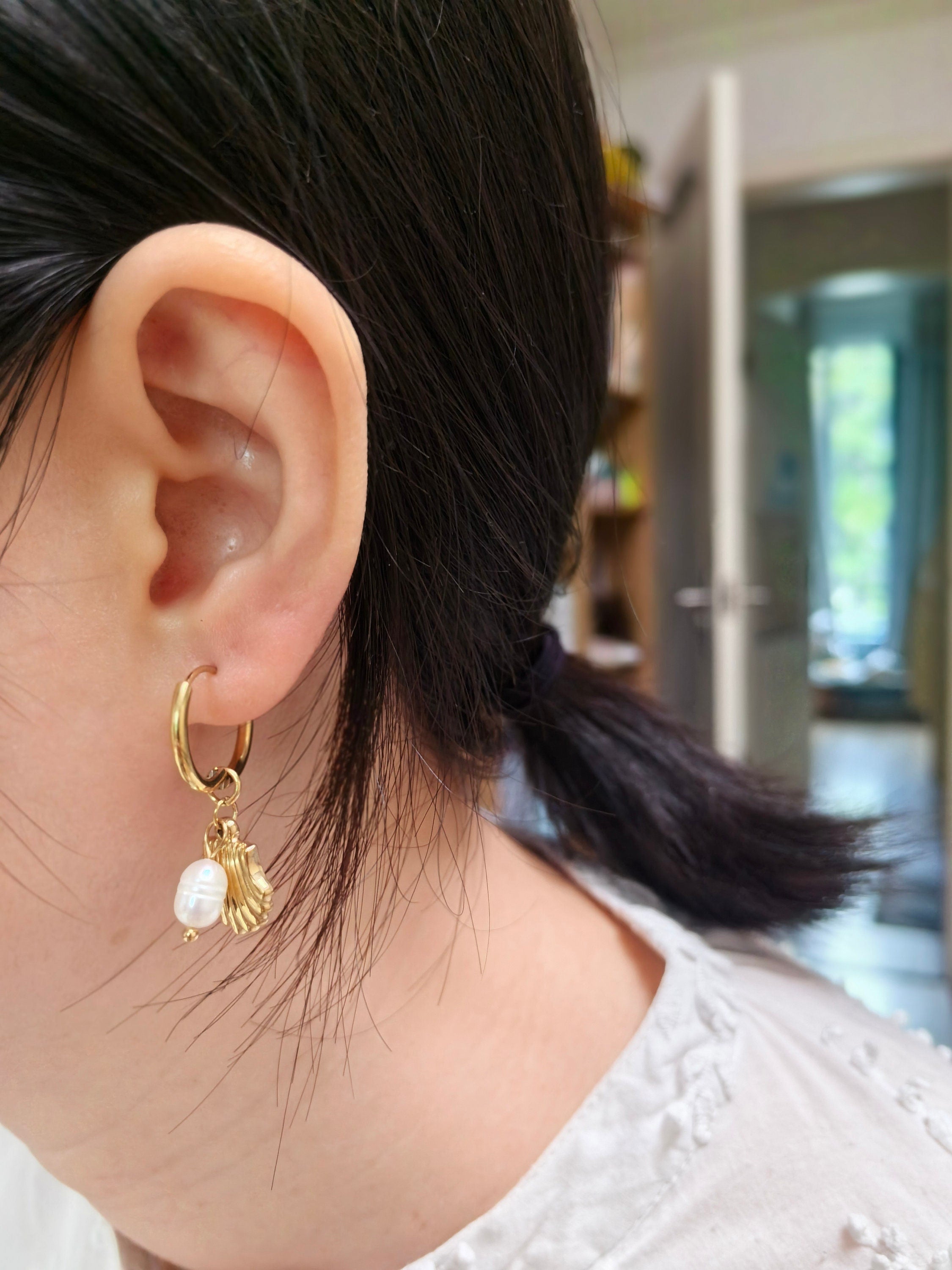 Gold Titanium Steel Huggie Hoop Pearl Drop Earrings – Vivian