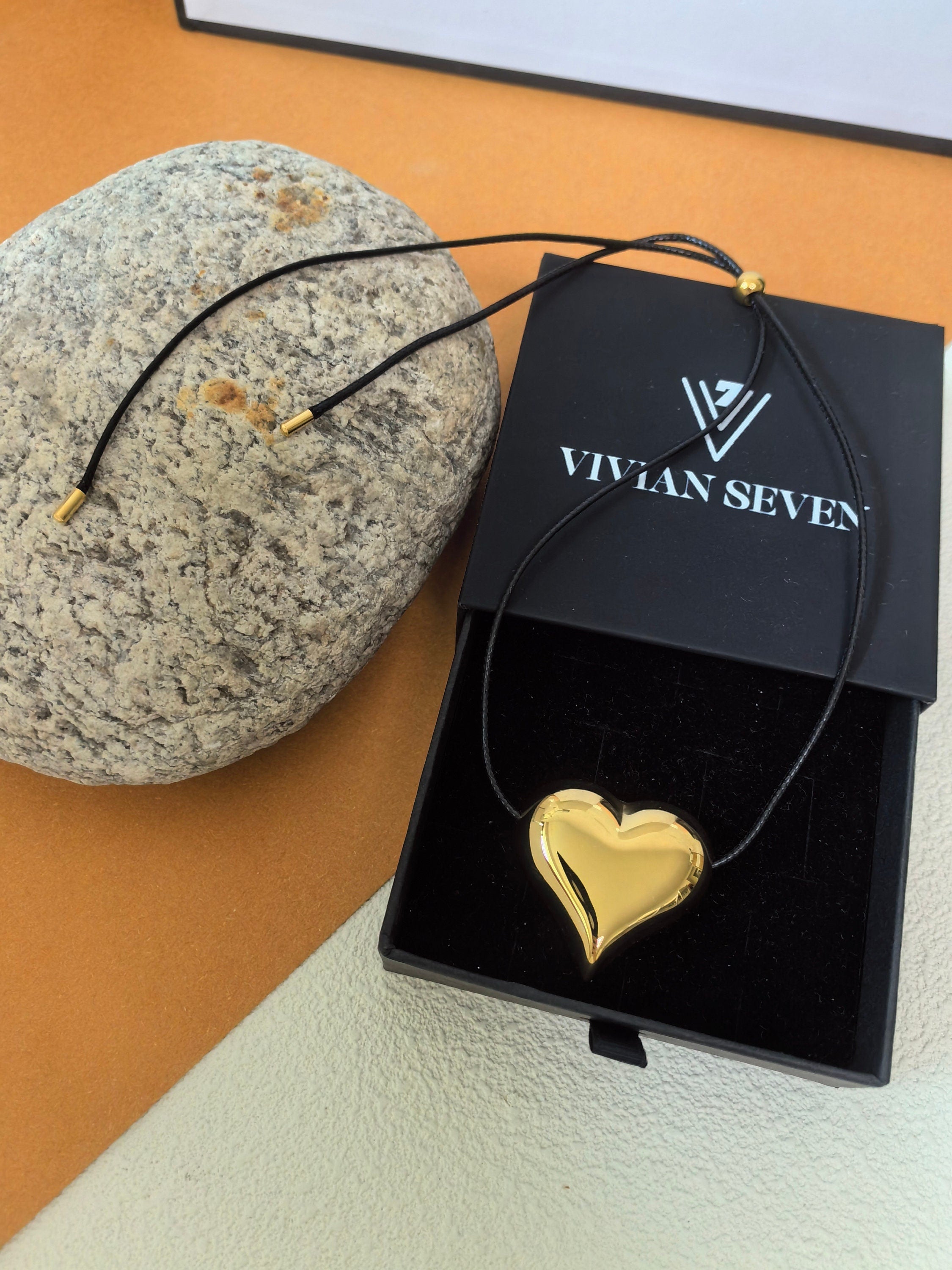 Minimalist Gold Heart Pendant Black Cord Necklace - Main Image