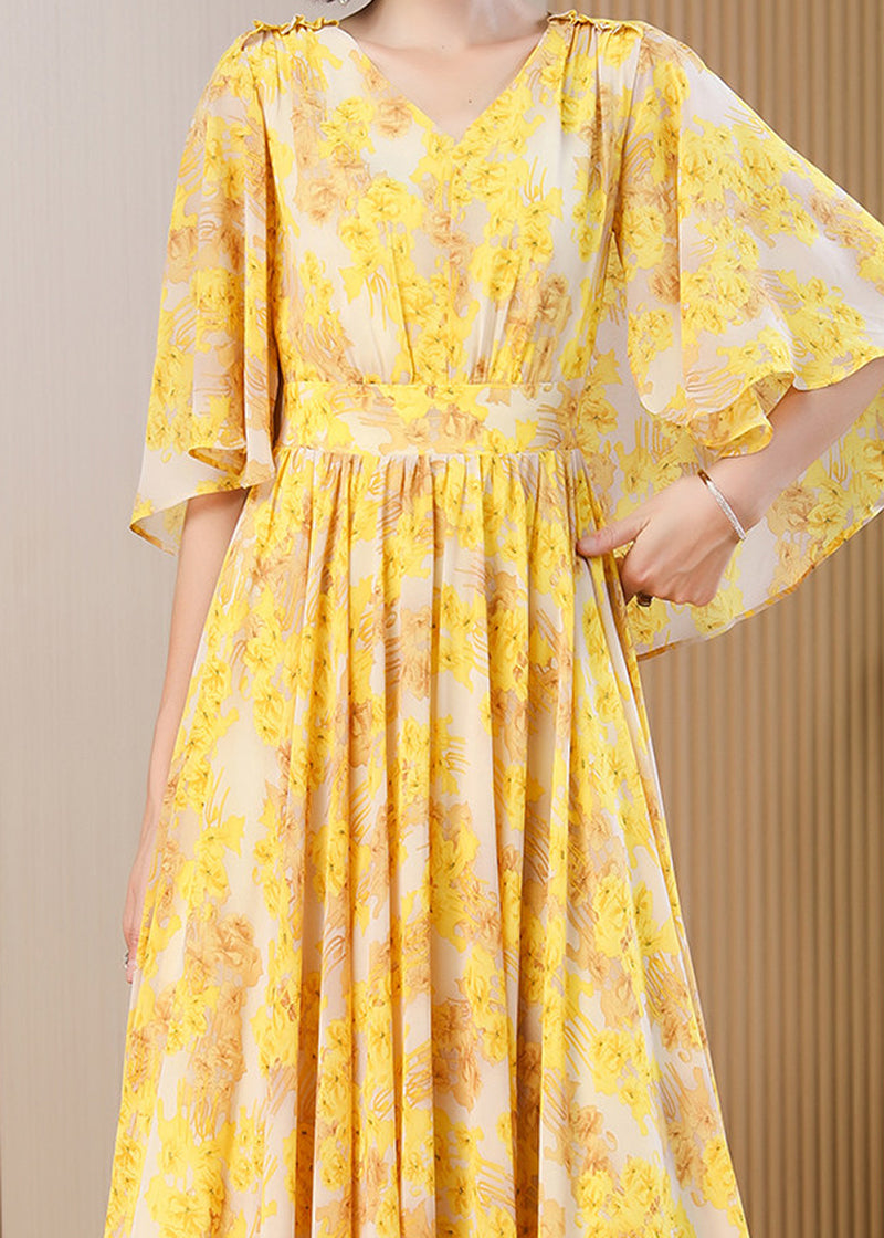 Yellow Floral V-Neck Flutter Sleeve Maxi Dress Yellow / L