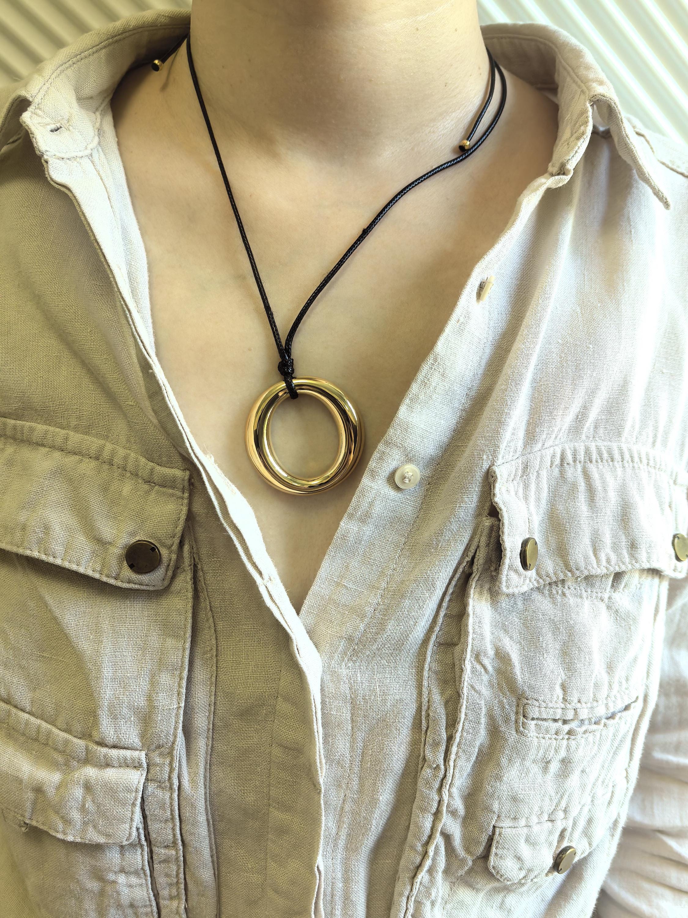 Wax Rope Gold Plate Stainless Steel Circle Hoop Pendant Necklace