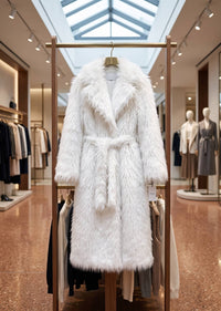 Winter white notch collar faux fur wrap coat with tied waist belt displayed on a brass retail clothing rack in a boutique.
