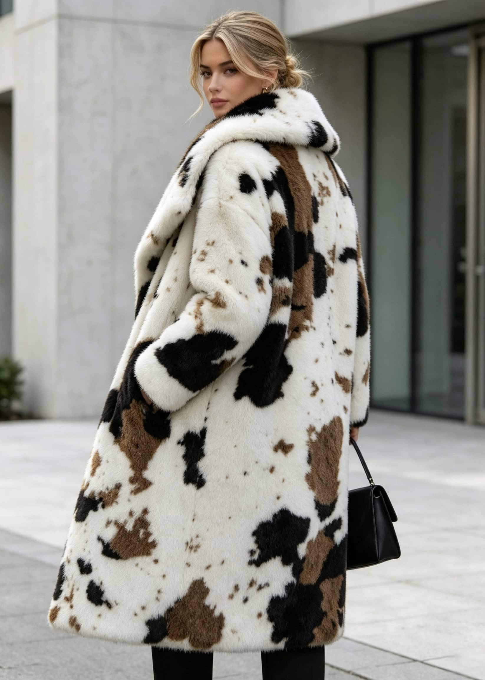 Over-the-shoulder rear view of a blonde model wearing an abstract brown and black cow print faux fur long coat carrying a black leather handbag.
