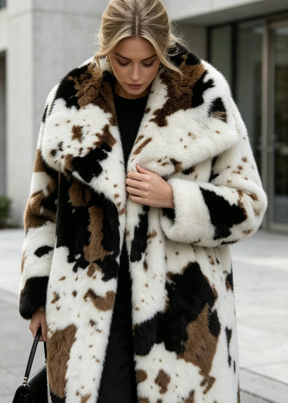 Close-up view of a model holding the lapels of a luxury abstract cow print long faux fur jacket.