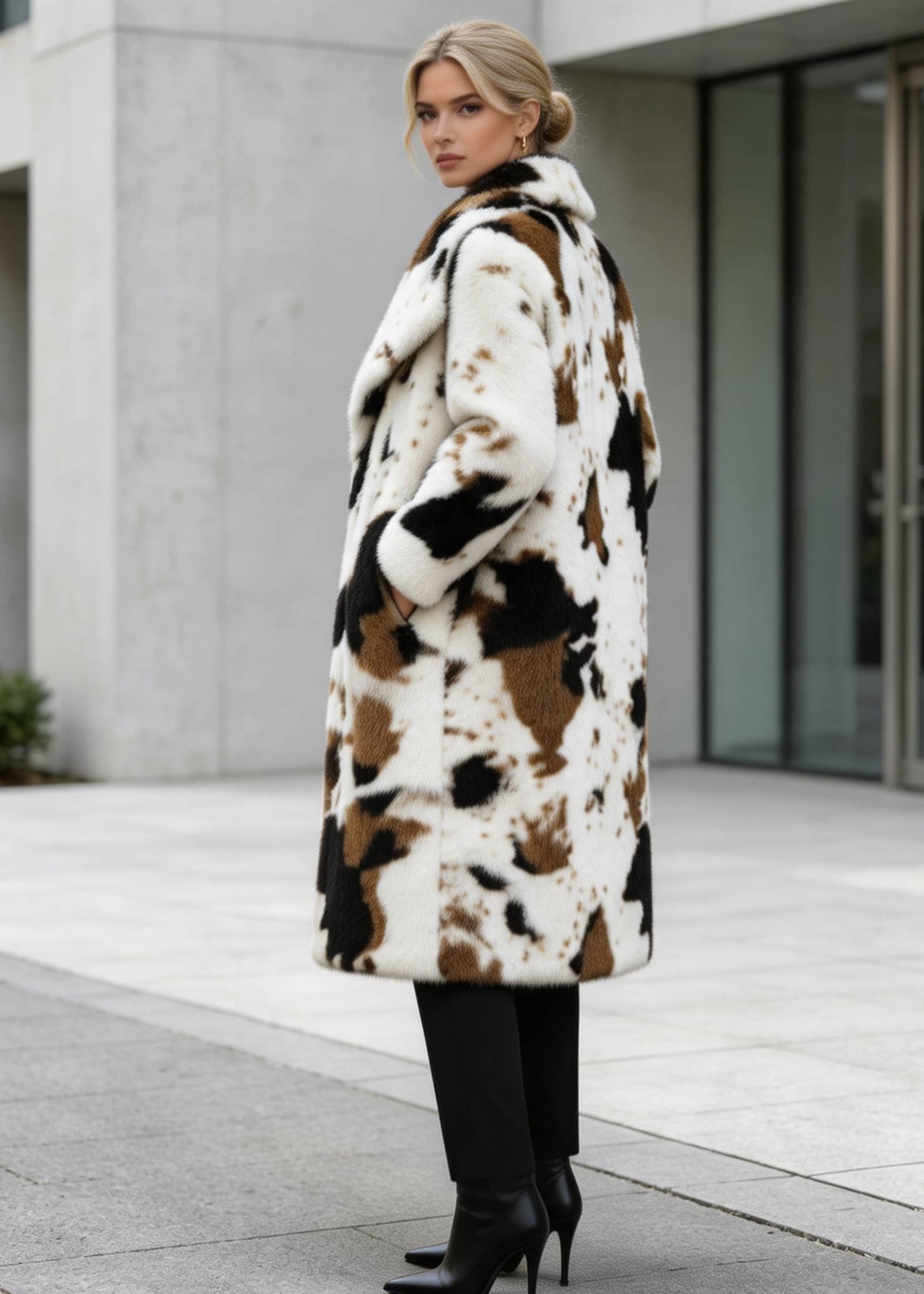 Side profile view of a model in a luxury cow pattern faux fur winter coat styled with black trousers and heel boots.