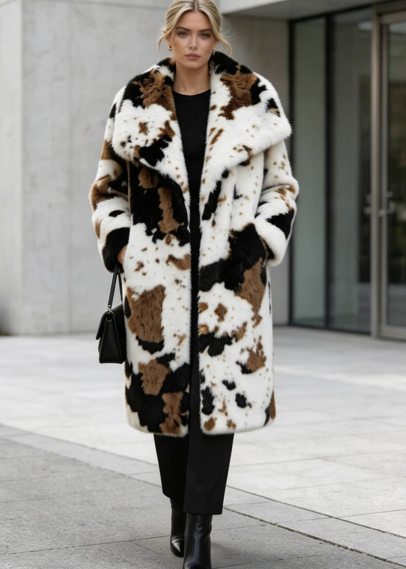 Front view of a blonde woman wearing a plush abstract cow print long faux fur coat with oversized lapels outdoors.