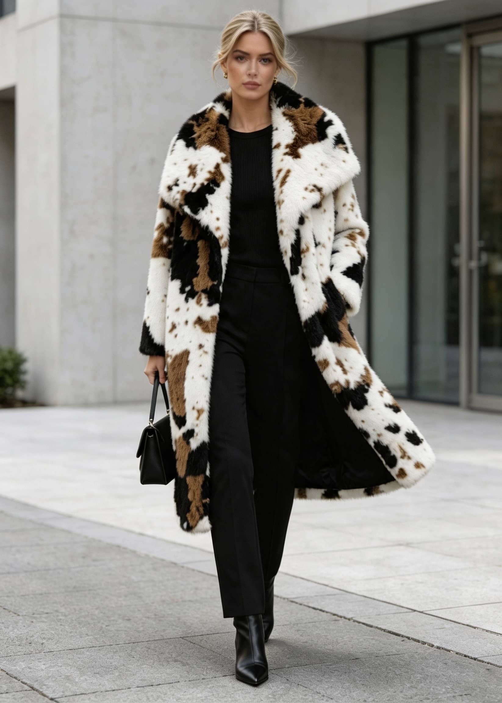  Full-length front shot of a woman striding in a warm brown and black cow print faux fur statement coat.