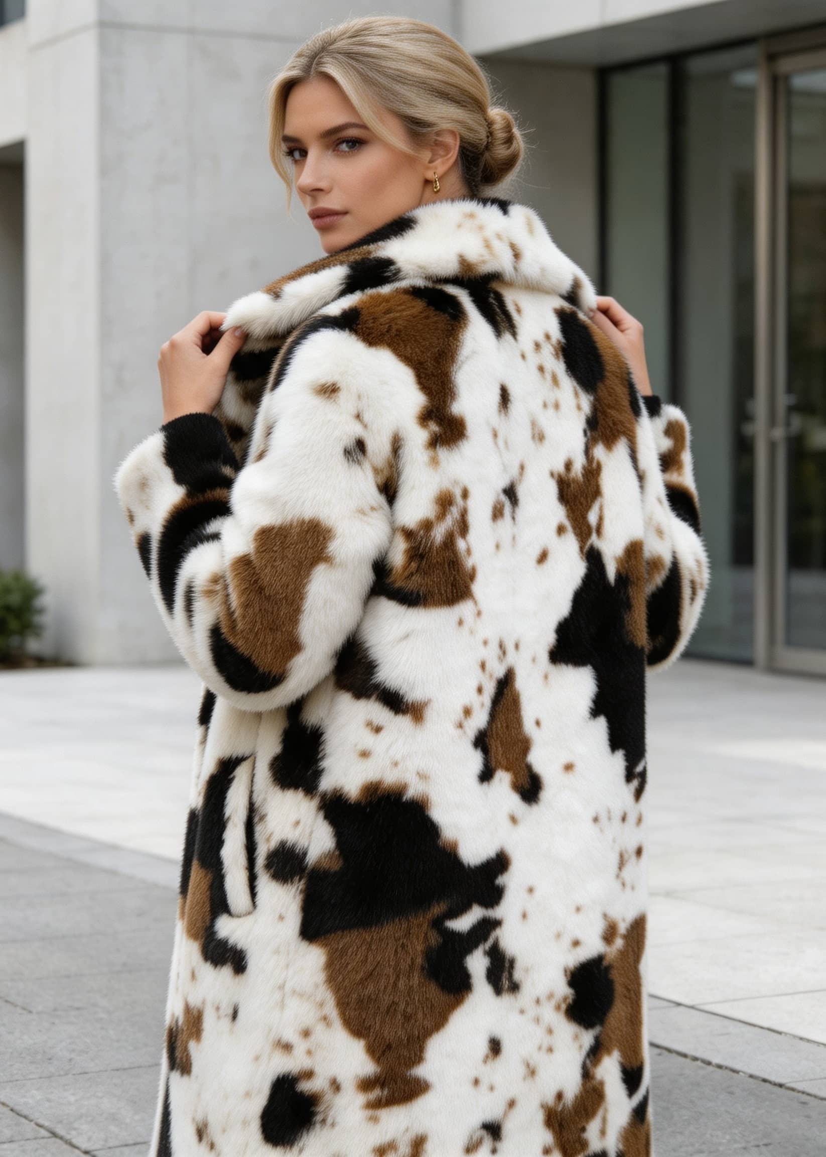 Close-up back view of a woman adjusting the collar of an abstract cow print faux fur winter coat.