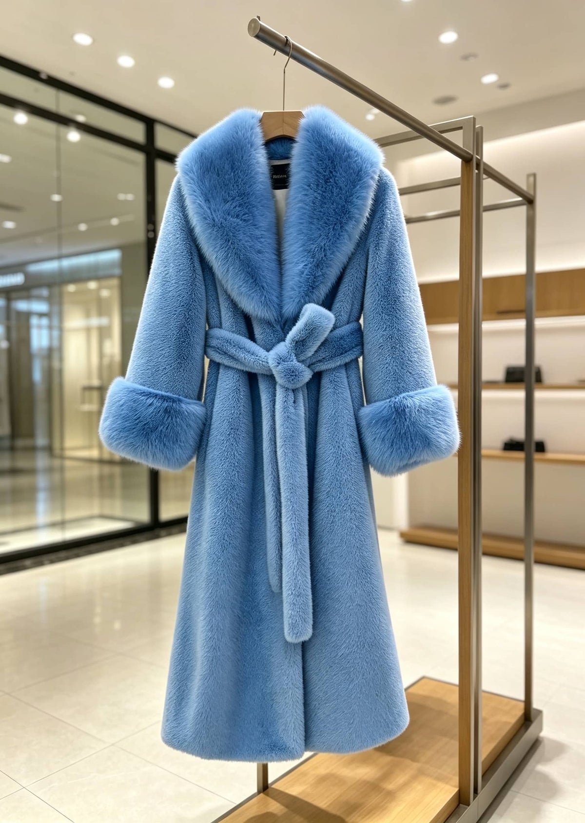 A light blue faux fur coat with a wide collar and matching tie belt, hanging on a wooden hanger on a clothing rack inside a modern retail store.