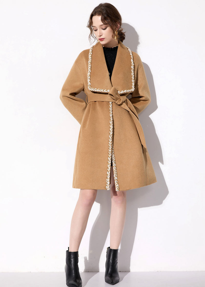 Women's Camel Wool Blend Wrap Belted Coat