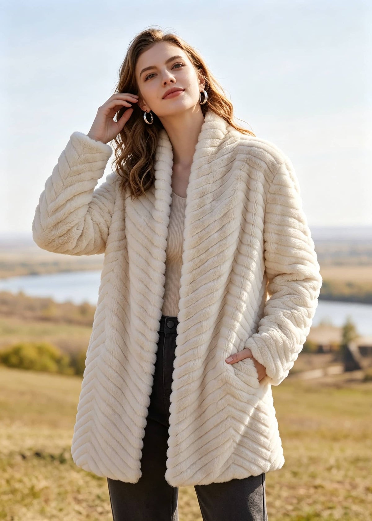 Front view of woman wearing cream white chevron shawl collar faux fur coat with hand in pocket