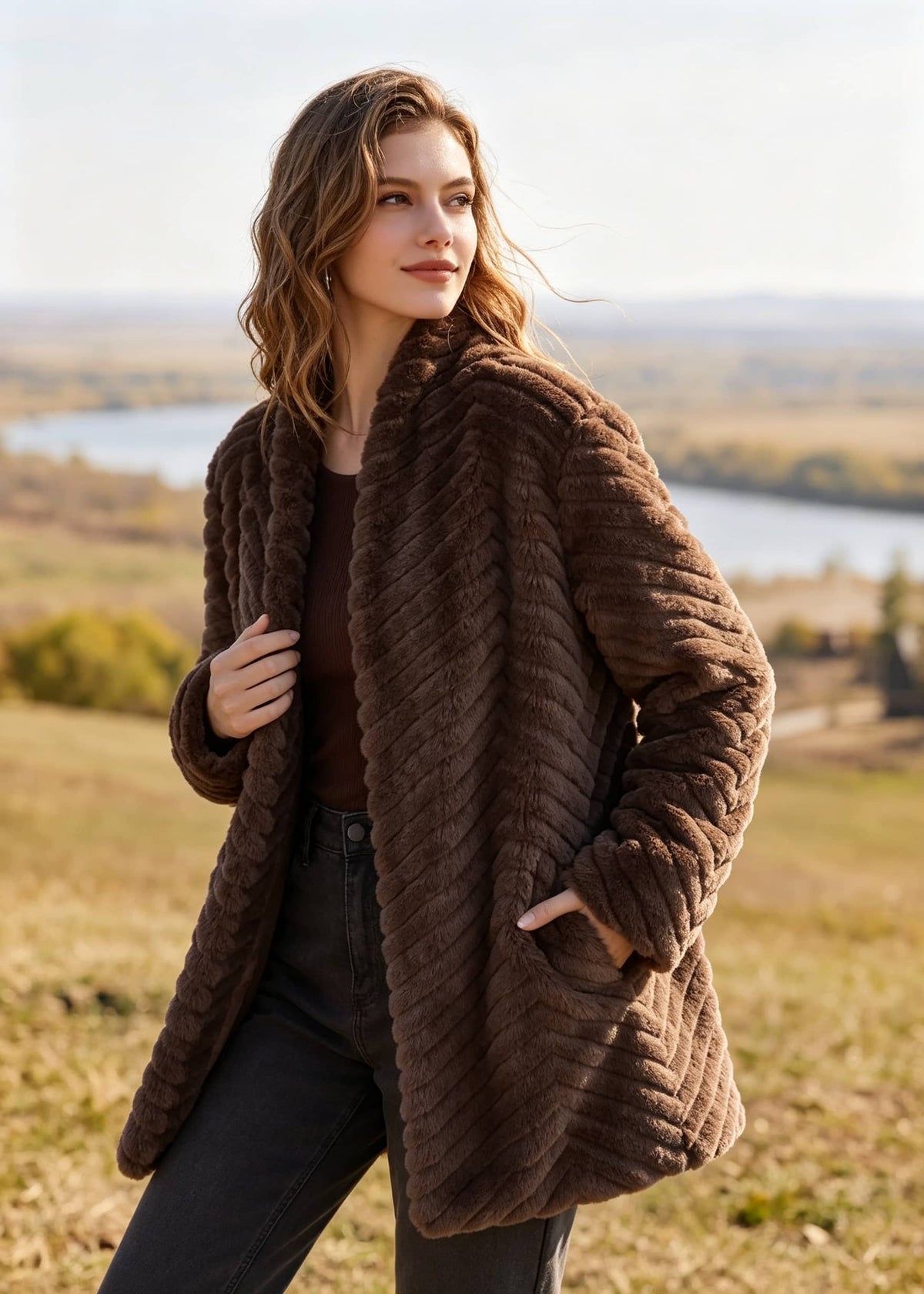 Three-quarter view of woman wearing dark brown chevron faux fur coat looking away