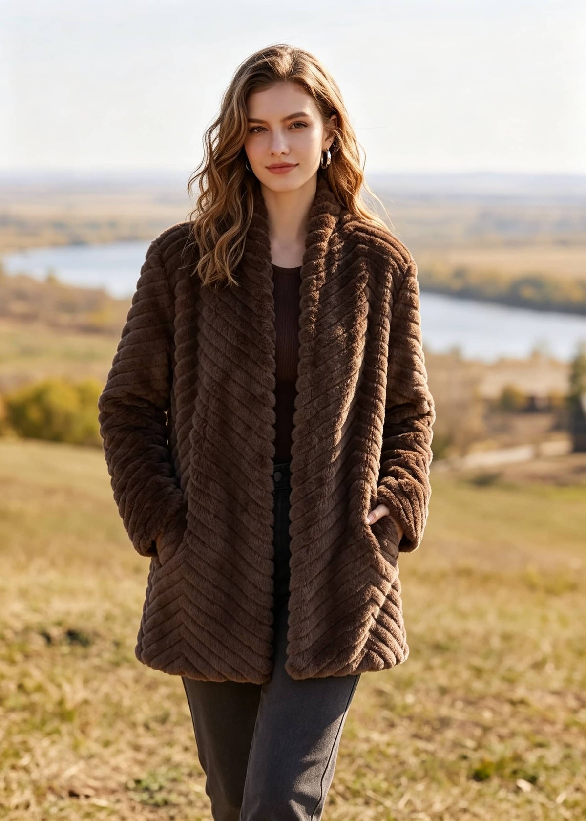 Front full view of woman wearing brown chevron textured faux fur coat with shawl collar outdoors