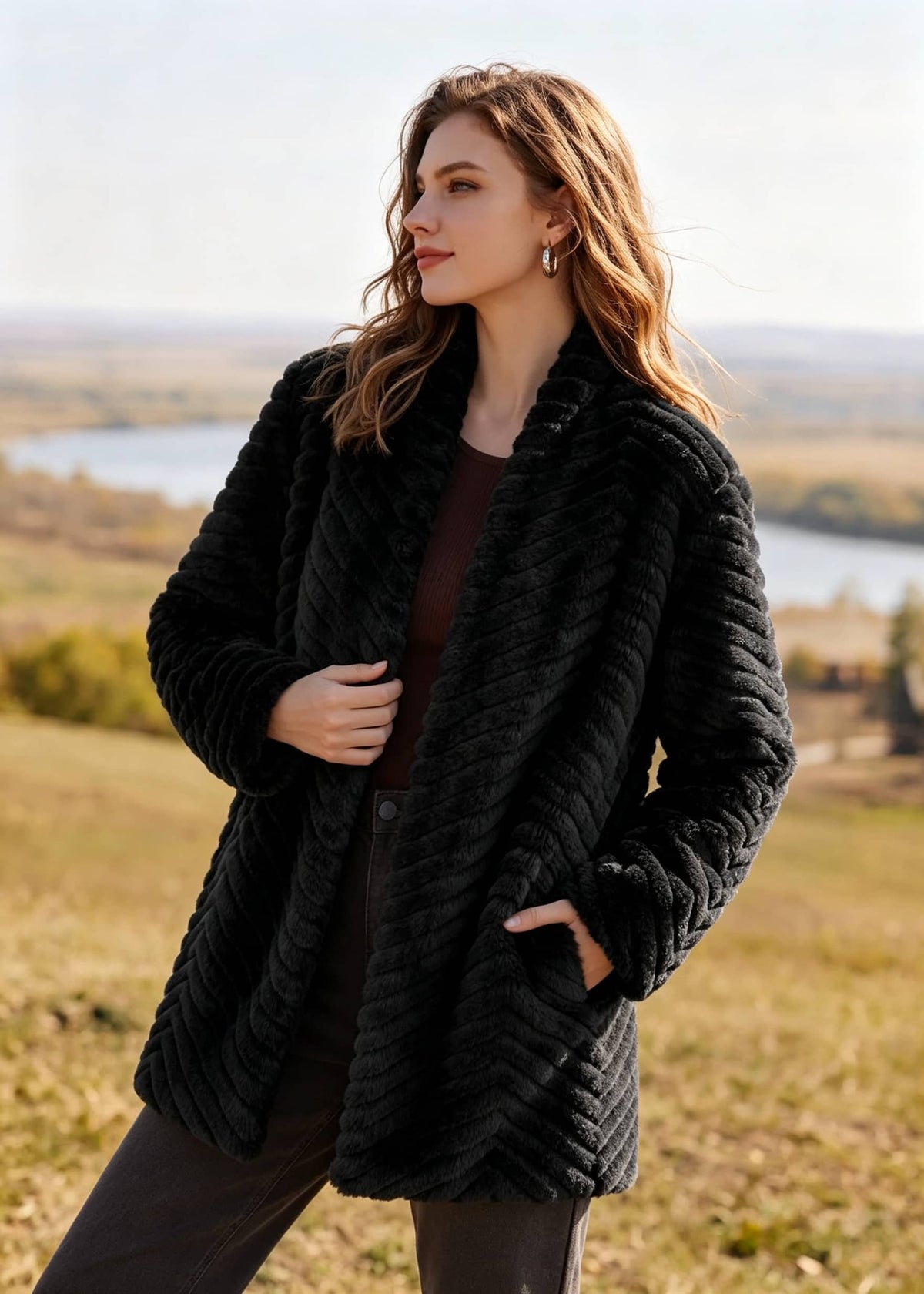 Side angled view of woman wearing black chevron shawl collar faux fur coat with hand in pocket