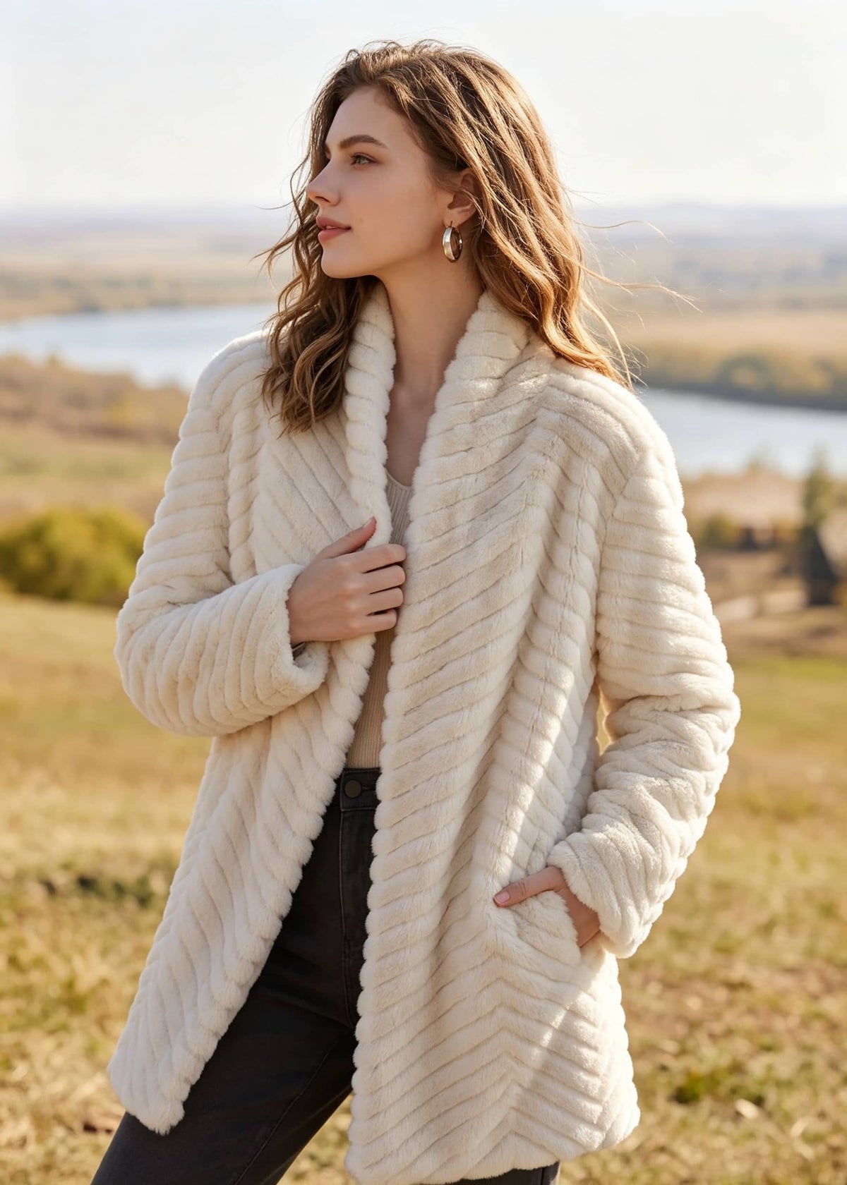 Side angled view of woman wearing off-white chevron pattern faux fur coat outdoors