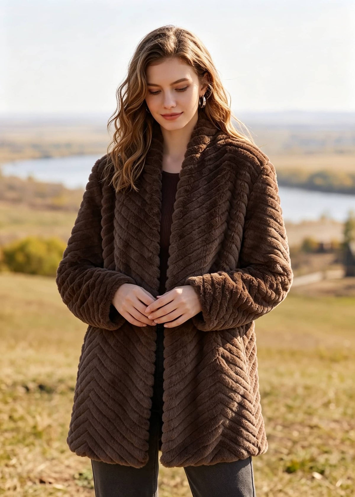 Front view of woman wearing brown chevron textured faux fur coat looking down
