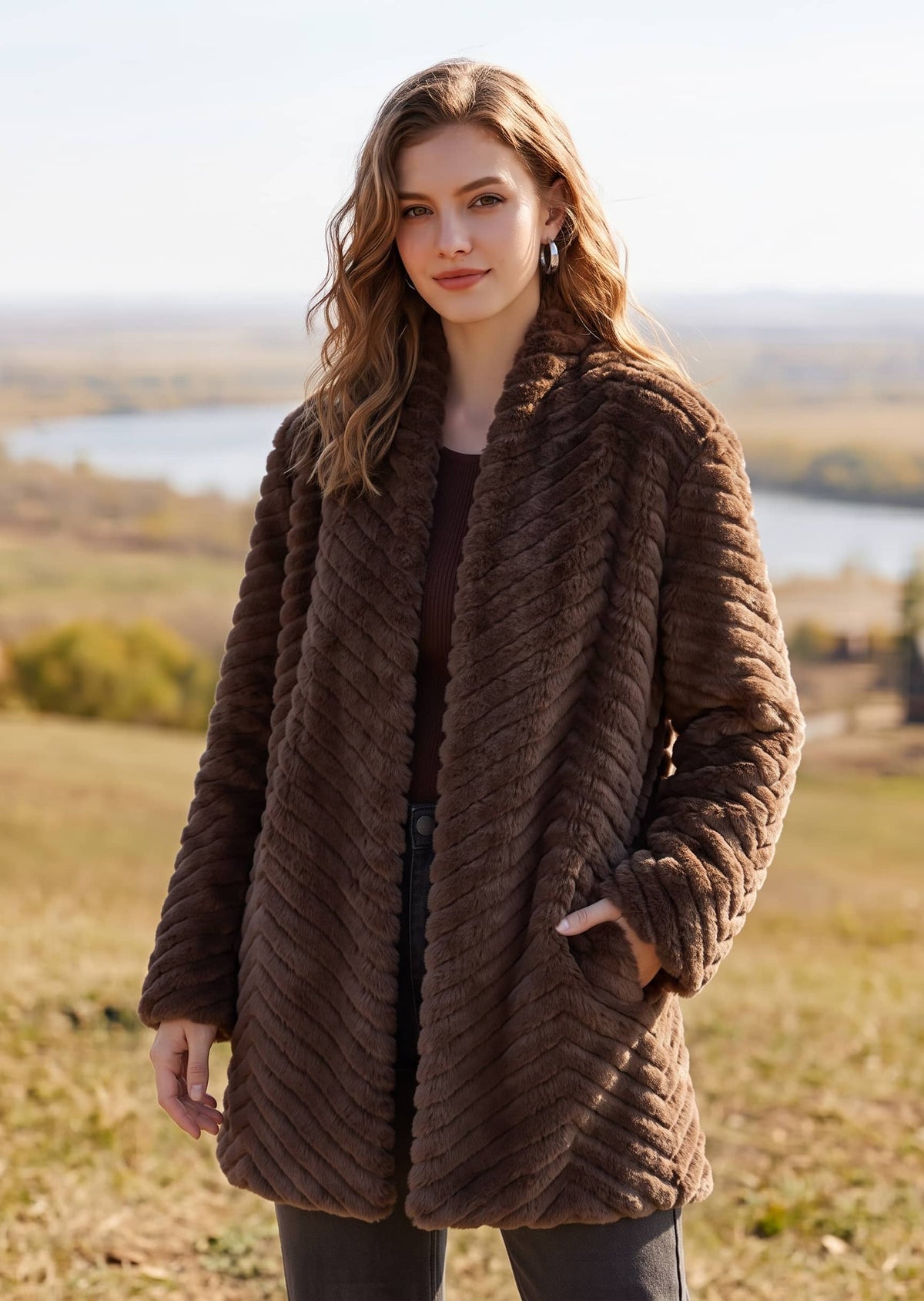 Full front view of woman wearing brown chevron faux fur winter coat in outdoor setting
