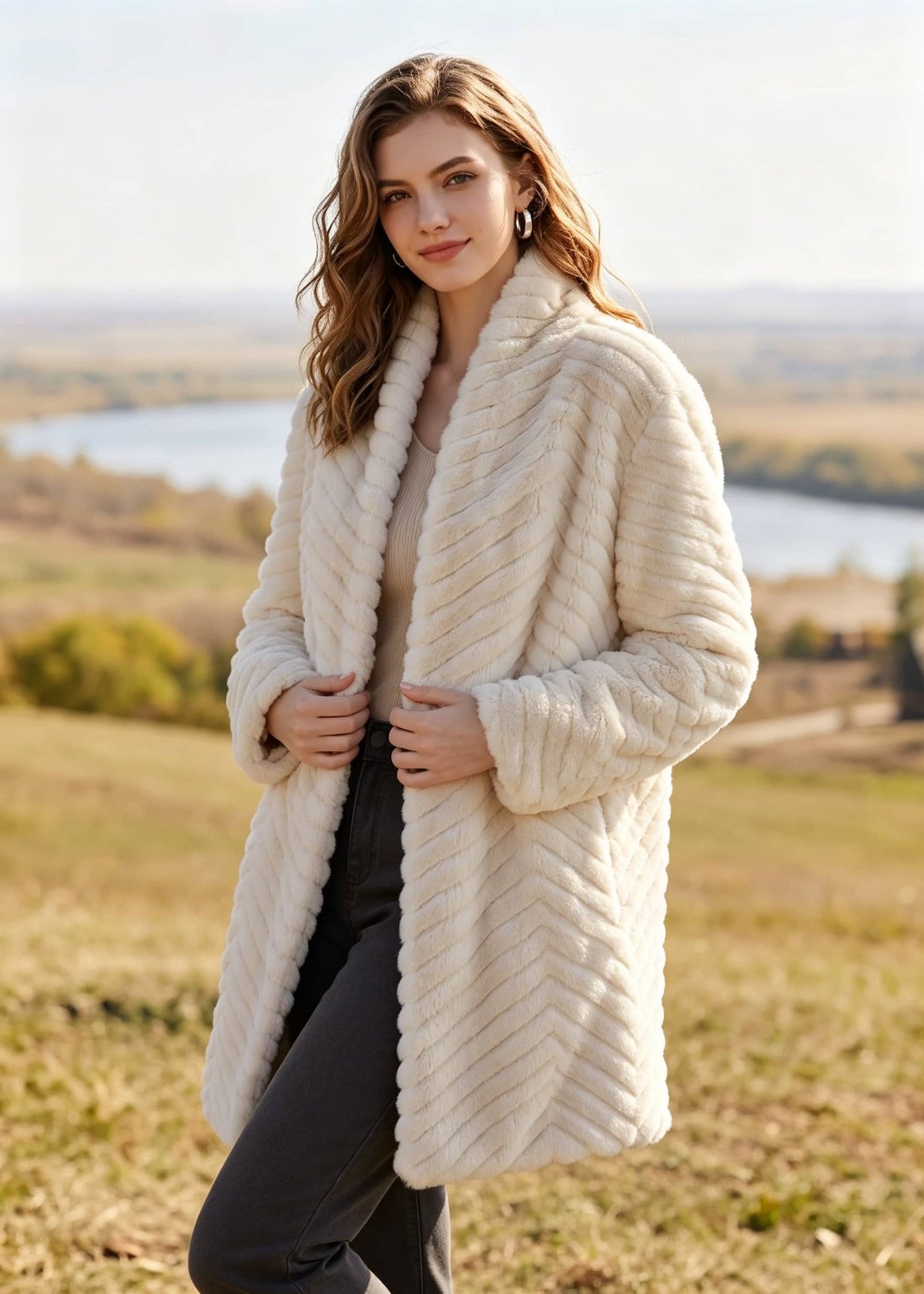 Woman holding front closure of ivory chevron textured faux fur coat