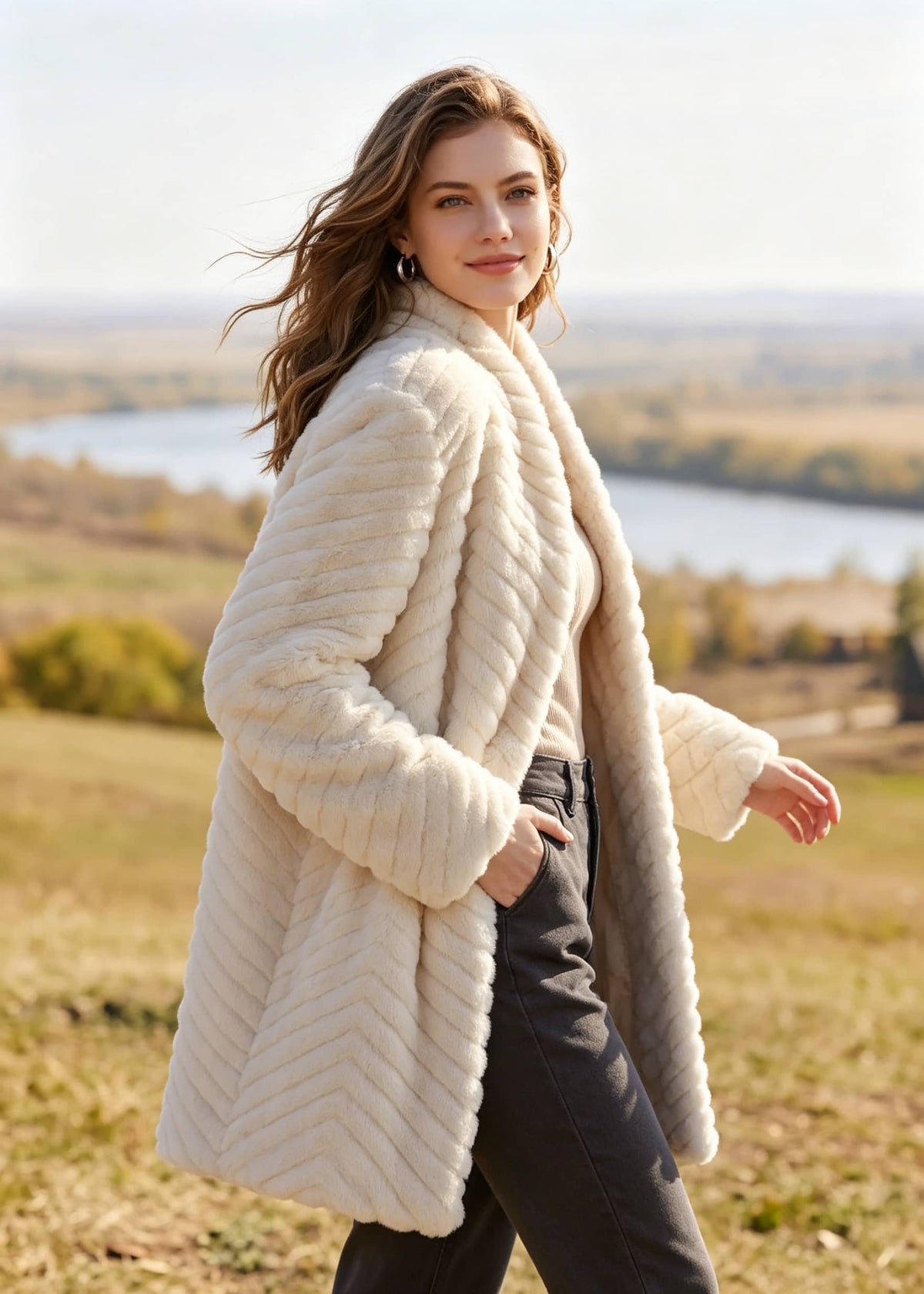 Walking profile shot of woman wearing cream white chevron shawl collar faux fur coat