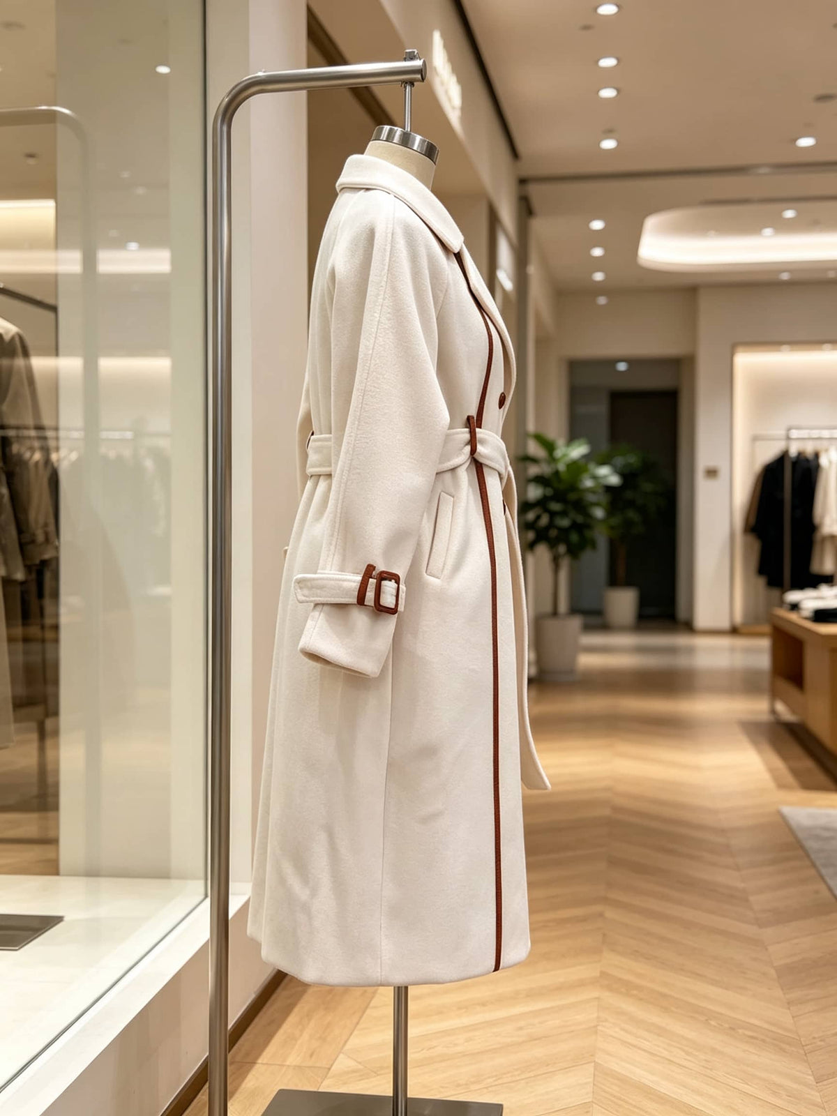 A white-colored wool coat with brown leather trim and a matching belt, displayed on a mannequin in a modern, upscale boutique interior with light wood floors and glass display cases.