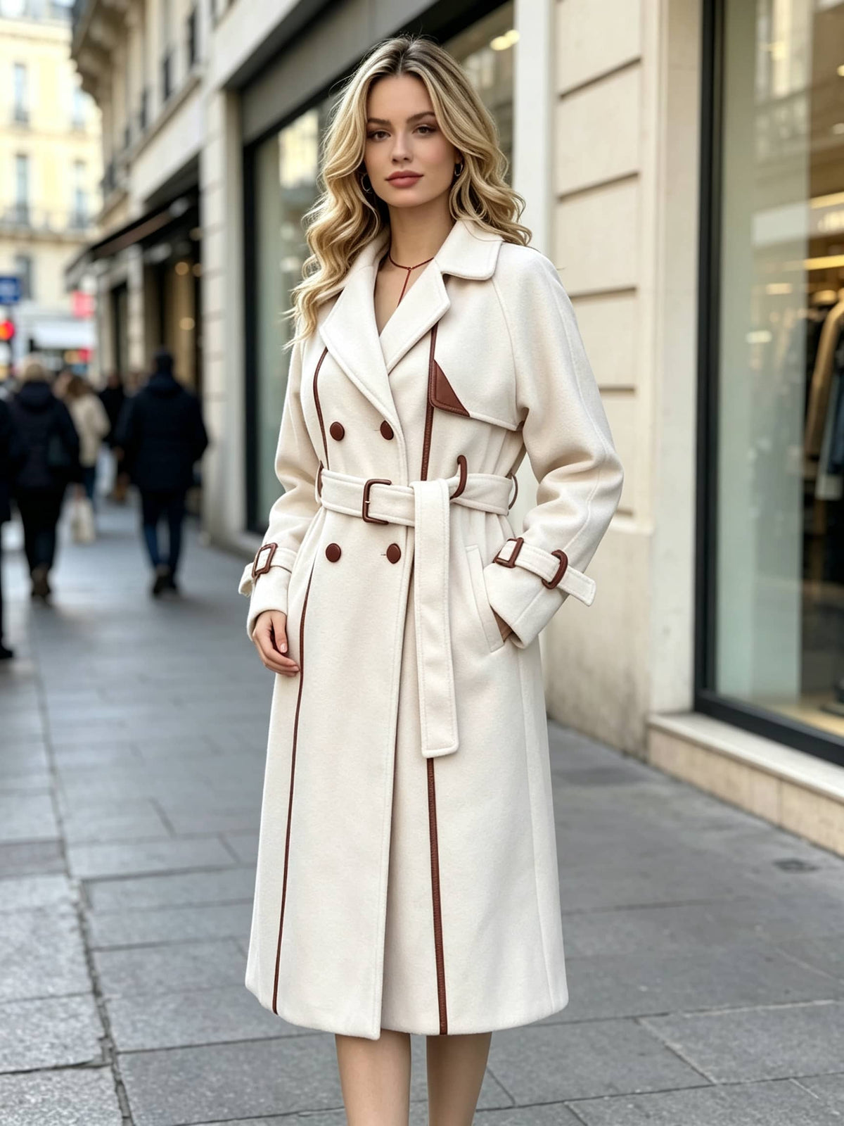 A woman stands on a city sidewalk wearing a long white-colored double-breasted coat with brown trim and a matching belt. The background shows blurred storefronts and pedestrians.
