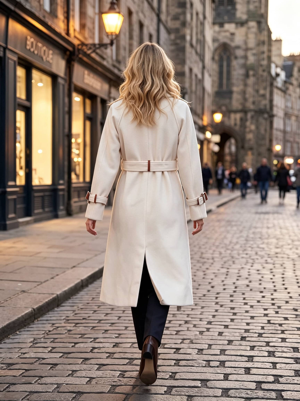 A woman viewed from behind walking down a cobblestone street wearing a long white coat with a matching belt, dark trousers, and brown ankle boots.