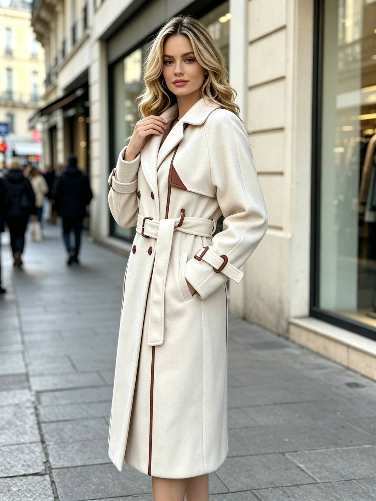 A woman stands on a city sidewalk wearing a long white-colored coat with brown trim and a matching belt. The background shows blurred storefronts and pedestrians.