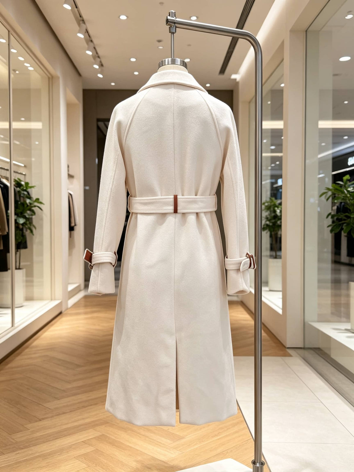 A long white-colored coat displayed on a mannequin in a boutique. The coat features a matching belt with a small brown leather accent, shown from the back view.