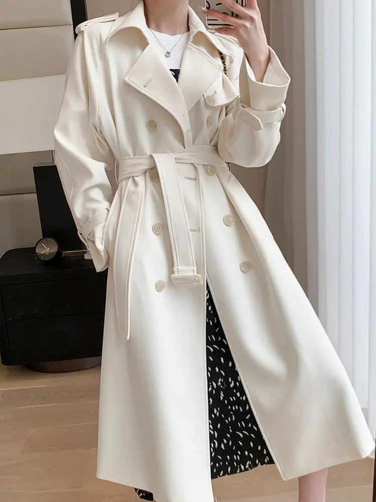 Double Breasted Buckle Belt Notched Lapel Trench Coat