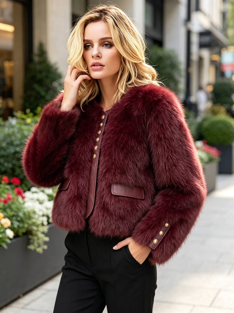 A woman wearing a plush, short burgundy faux fur jacket with gold-tone buttons and a matching faux fur collar, paired with black pants, standing on a city sidewalk.