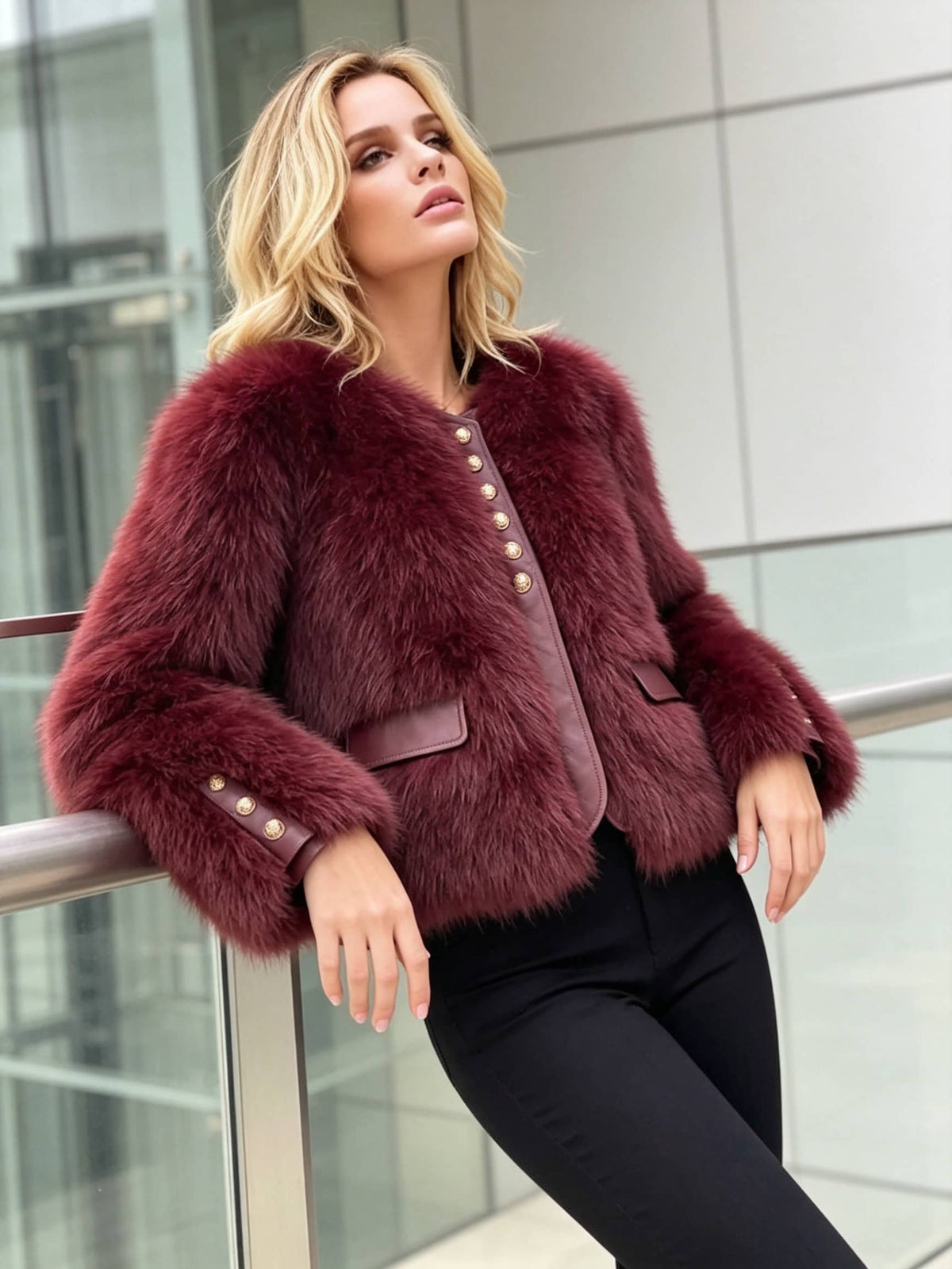 A woman wearing a plush, deep burgundy faux fur jacket with gold-tone decorative buttons, paired with black pants, leaning against a modern glass railing.