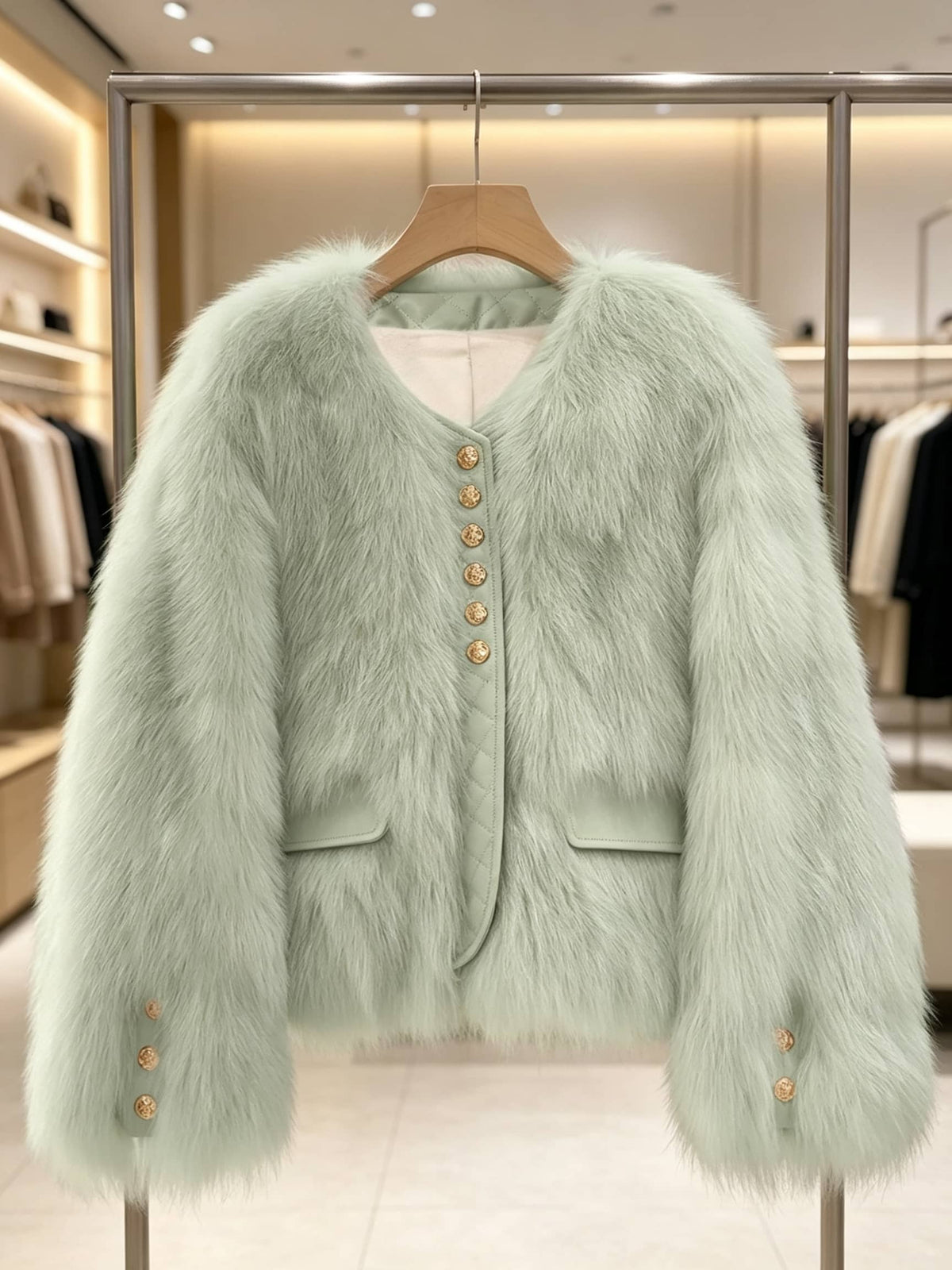 A pale mint green faux fur jacket with gold buttons, hanging on a wooden hanger inside a boutique.