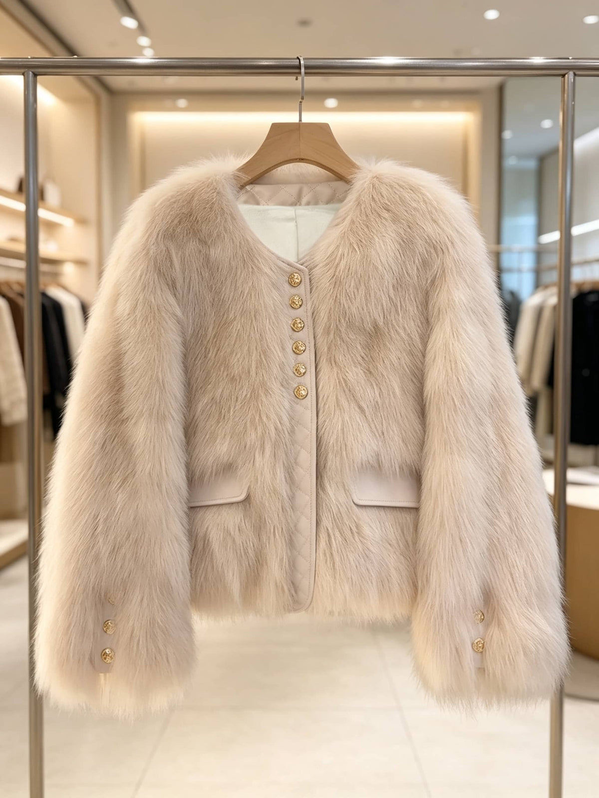 A light beige faux fur jacket with gold buttons, hanging on a wooden hanger inside a boutique.