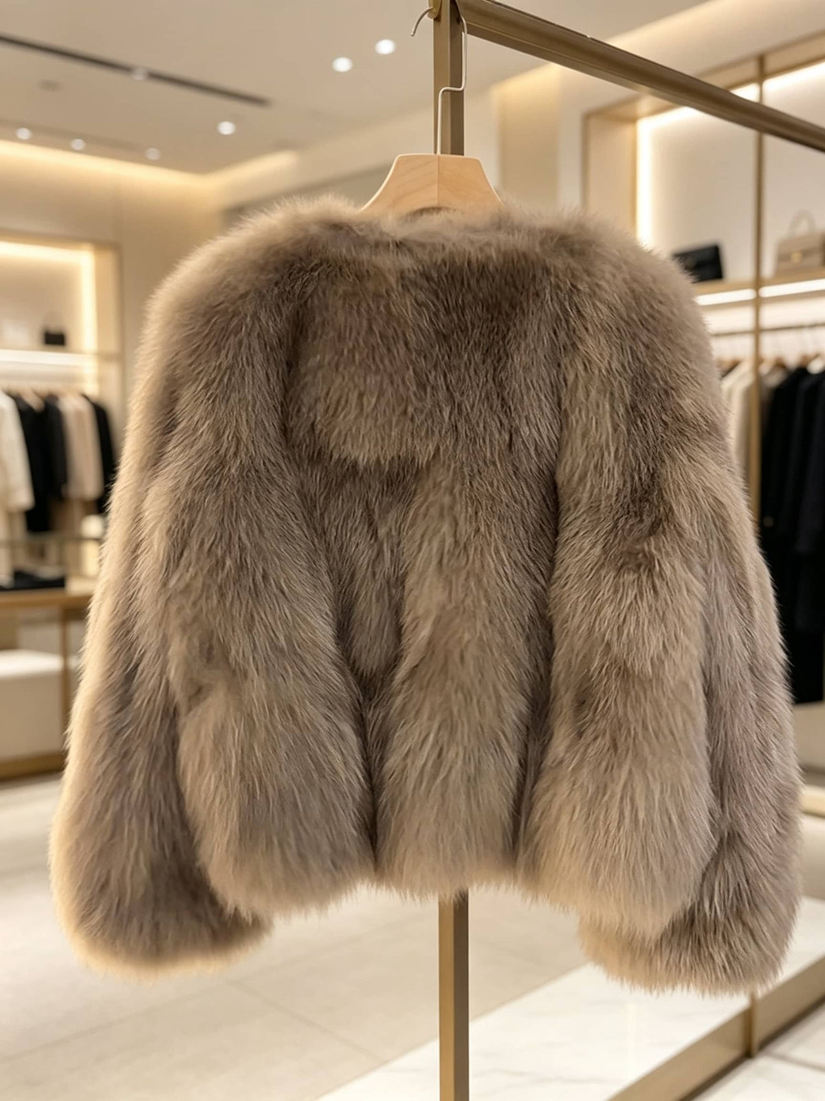 A cropped faux fur jacket in a warm taupe-gray color, hanging on a wooden hanger on a gold clothing rack inside a boutique.